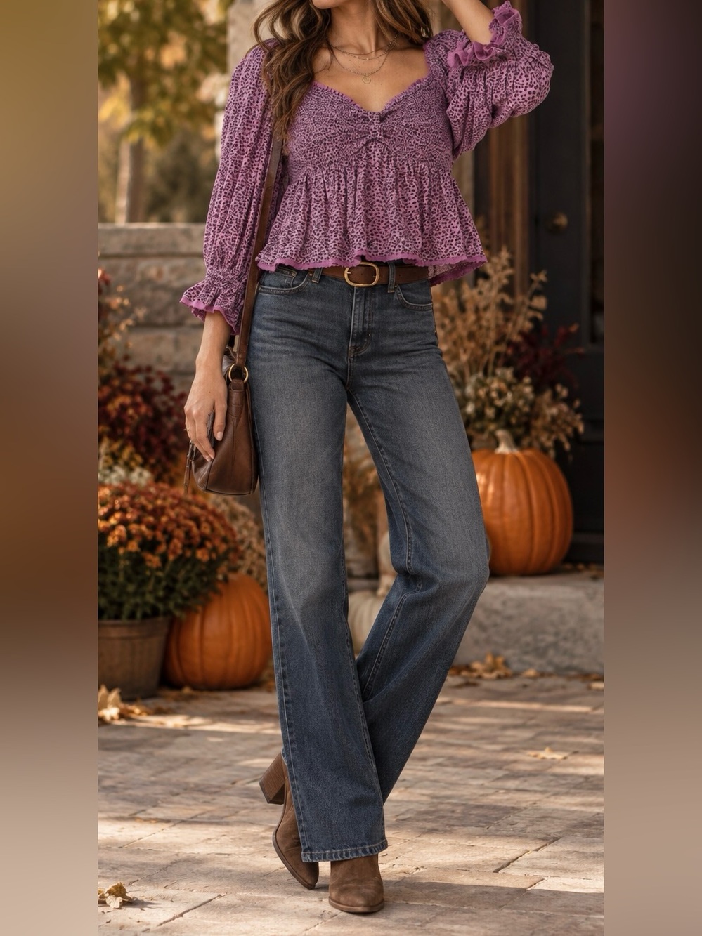 Free People Lavender and Brown Printed Smocked Peplum Blouse - Size S